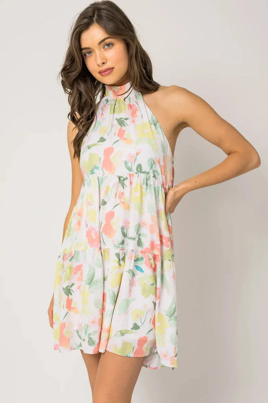 Sleeveless Halter Neck Shirring Floral Print Mini Dress