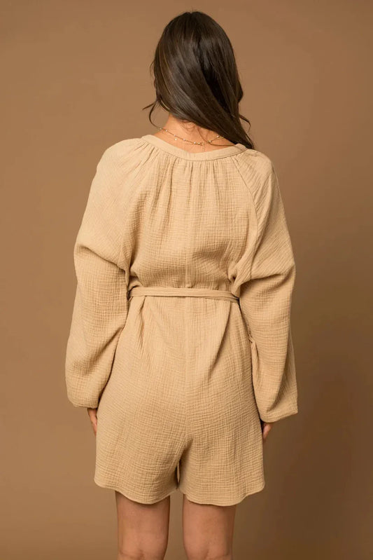 Cotton Front Tie Long Sleeve Rompers