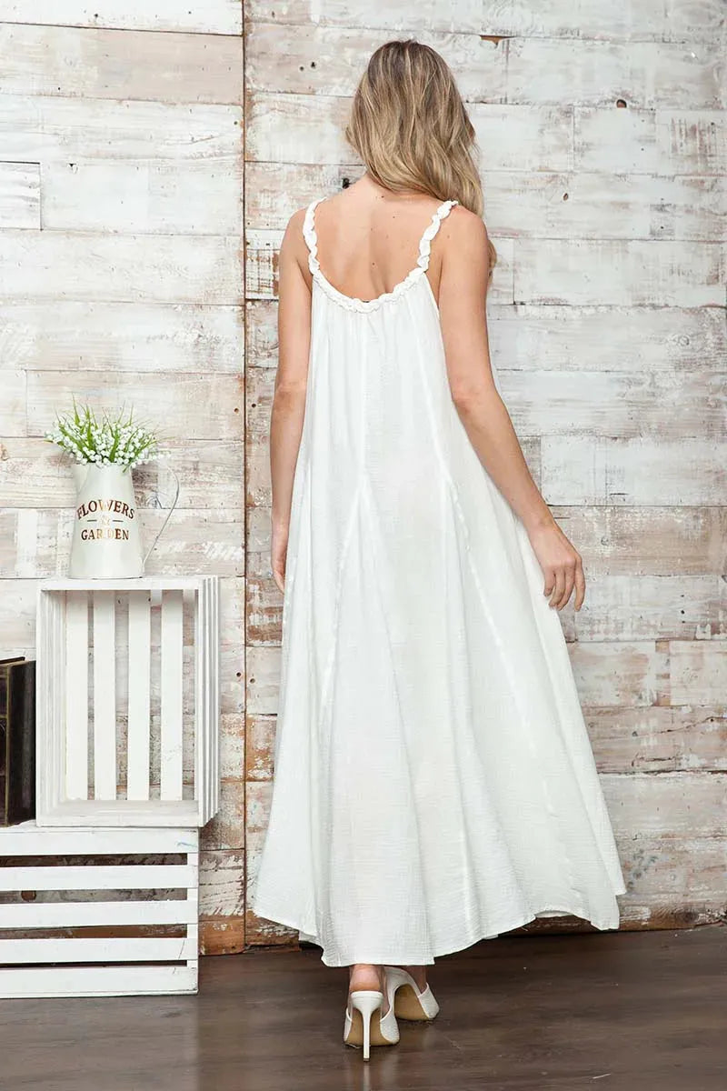 Boho Flowy Cotton Ruffle Strap Pockets A-Line Maxi Dress