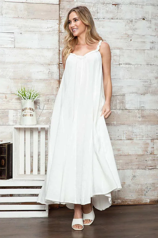Boho Flowy Cotton Ruffle Strap Pockets A-Line Maxi Dress
