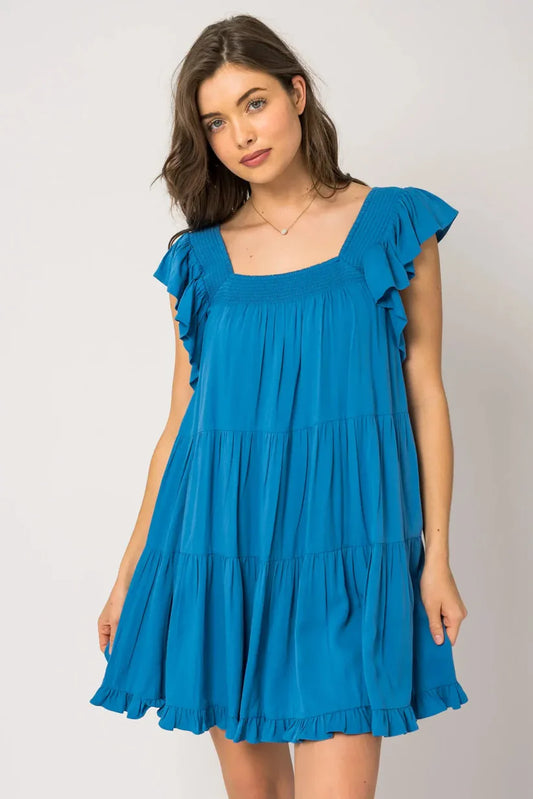 Ruffle Sleeves Square Neckline Tiered Mini Dress - Blue