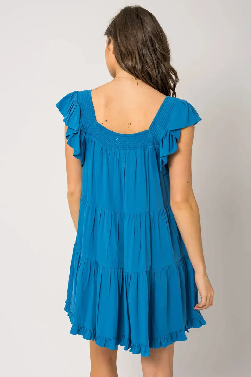 Ruffle Sleeves Square Neckline Tiered Mini Dress - Blue