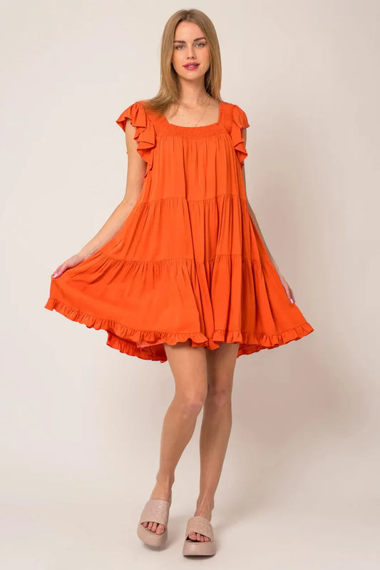 Ruffle Sleeves Square Neckline Tiered Mini Dress