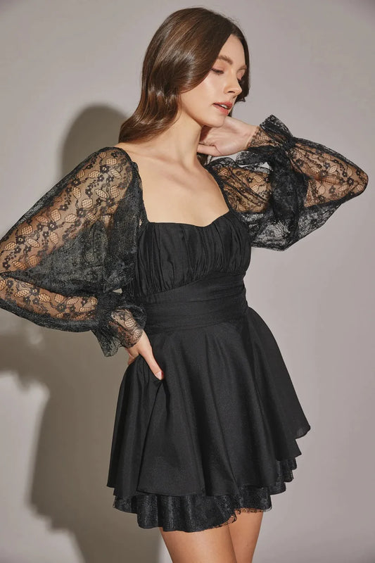 Lace Long Sleeve Flare Layered Silhoutte Mini Dress