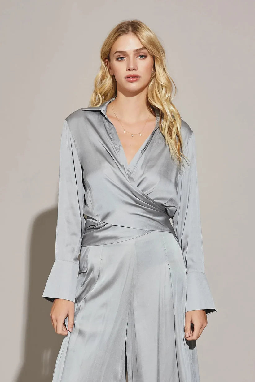 Satin Cross Wrap Tie Back Shirt - Platinum