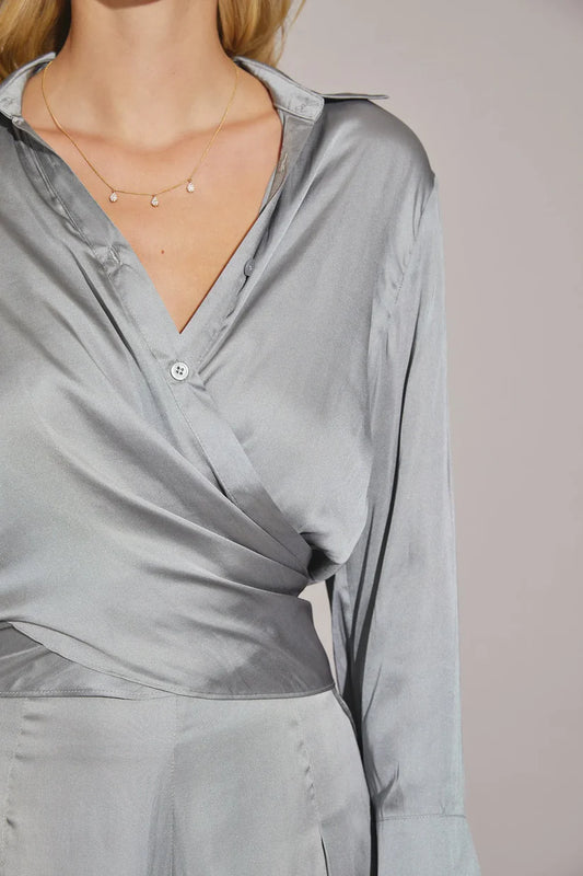 Satin Cross Wrap Tie Back Shirt - Platinum