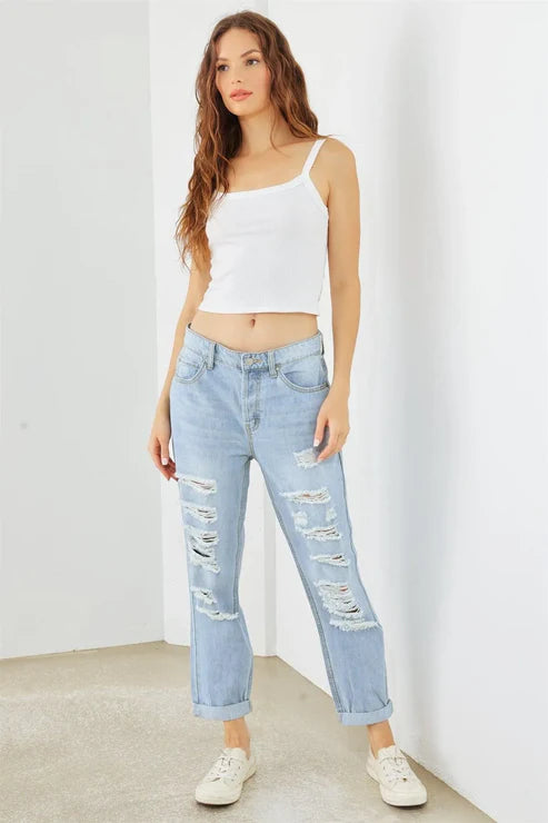 Light Blue Denim Cotton Ripped Jeans