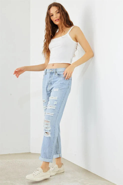 Light Blue Denim Cotton Ripped Jeans