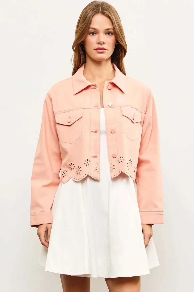 Button Down Embroidered Two Front Pocket Denim Jacket -Apricot Blush