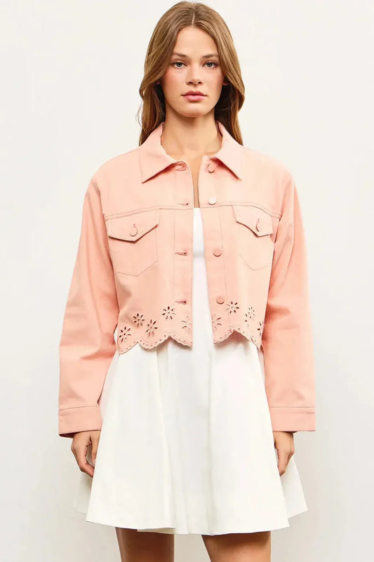 Button Down Embroidered Two Front Pocket Denim Jacket -Apricot Blush