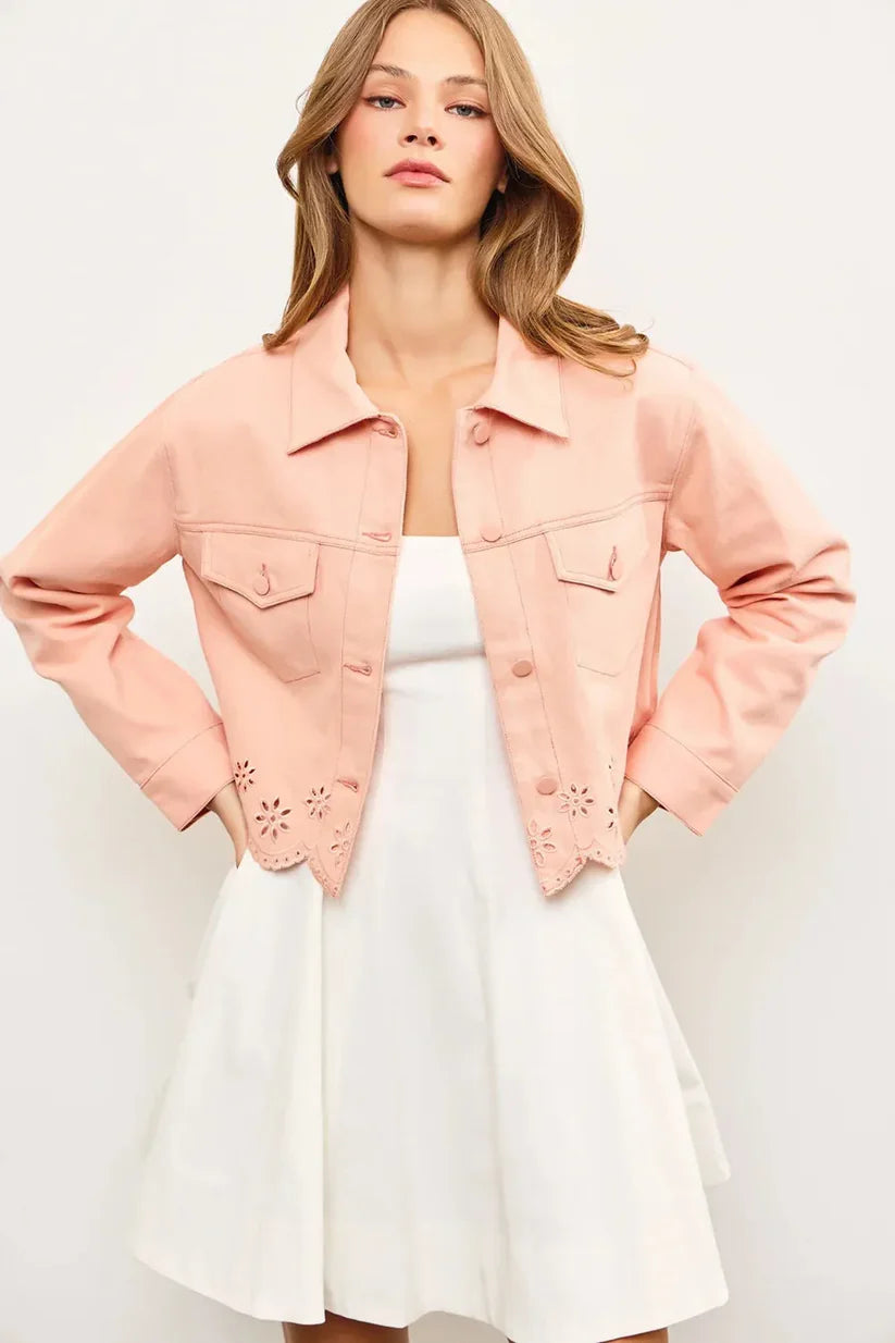 Button Down Embroidered Two Front Pocket Denim Jacket -Apricot Blush