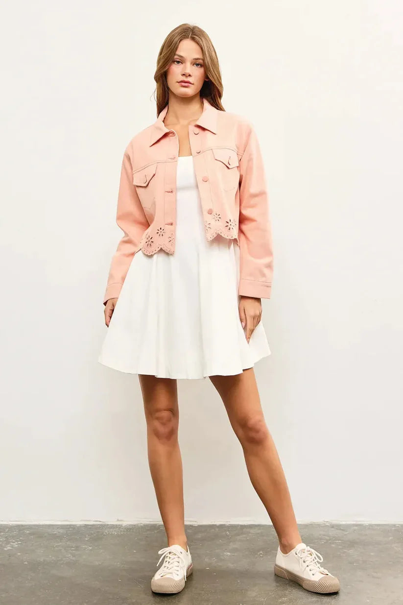 Button Down Embroidered Two Front Pocket Denim Jacket -Apricot Blush