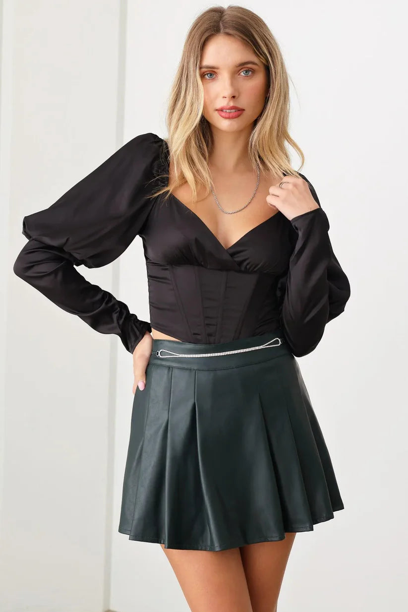 Faux Leather Front Chain Embellished Belt Pleated Skort - Hunter
