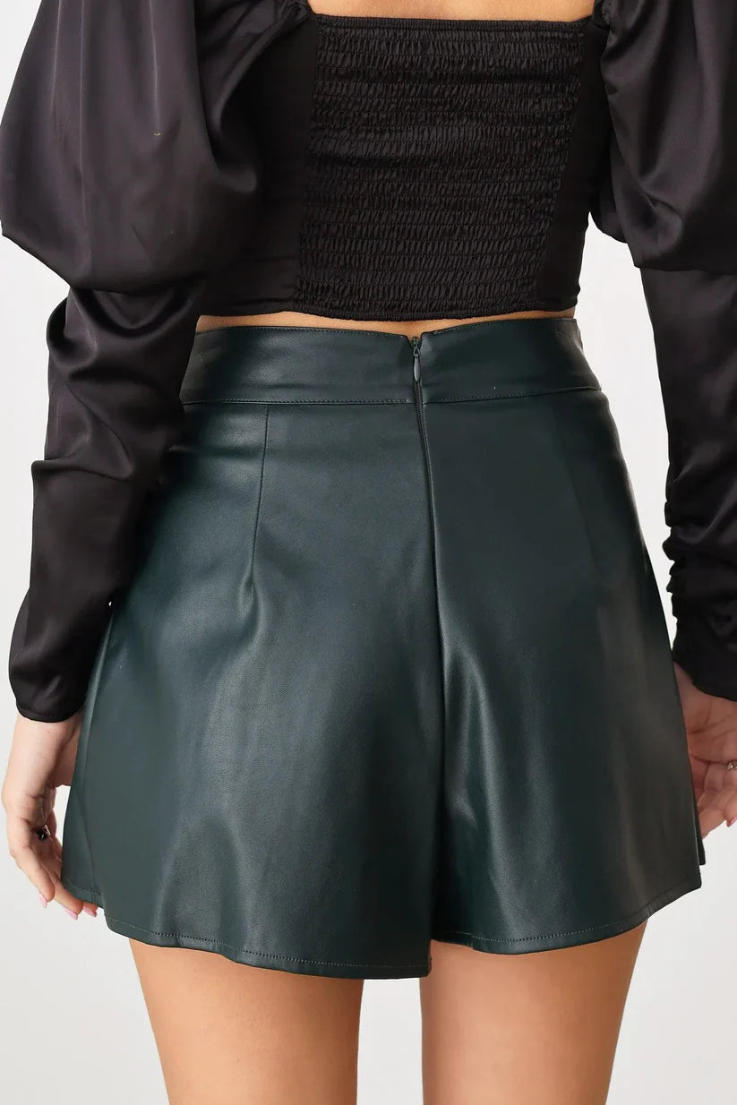 Faux Leather Front Chain Embellished Belt Pleated Skort - Hunter