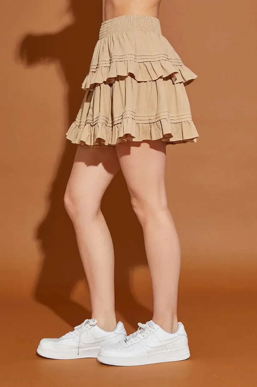 Boho Taupe Ruffle Tiered Mini Skirt