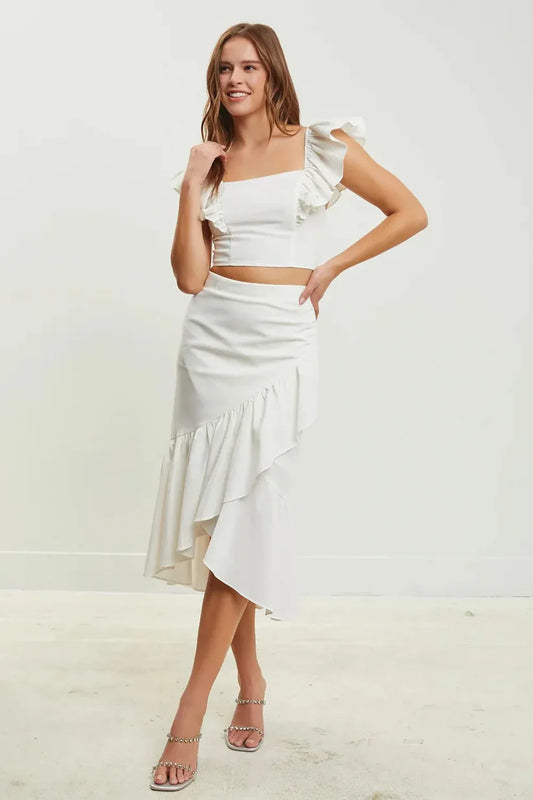 Ruffle Asymmetric Wrap Midi Skirt