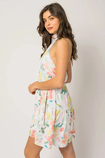 Sleeveless Halter Neck Shirring Floral Print Mini Dress