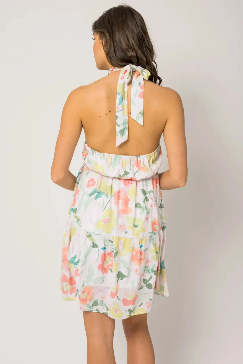 Sleeveless Halter Neck Shirring Floral Print Mini Dress