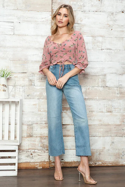 Floral Print Ruched Front Adjustable Tie Crop Top