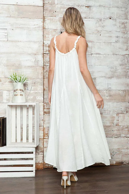 Boho Flowy Cotton Ruffle Strap Pockets A-Line Maxi Dress