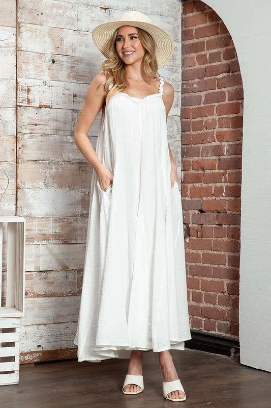 Boho Flowy Cotton Ruffle Strap Pockets A-Line Maxi Dress