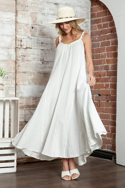 Boho Flowy Cotton Ruffle Strap Pockets A-Line Maxi Dress