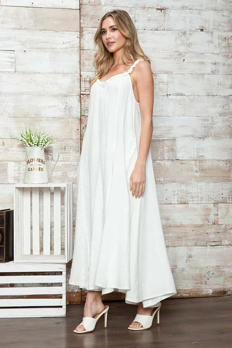 Boho Flowy Cotton Ruffle Strap Pockets A-Line Maxi Dress