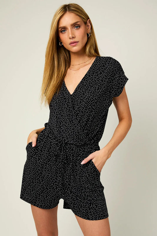 Polka Dot Short Sleeve Surplice Elastic Waist Romper