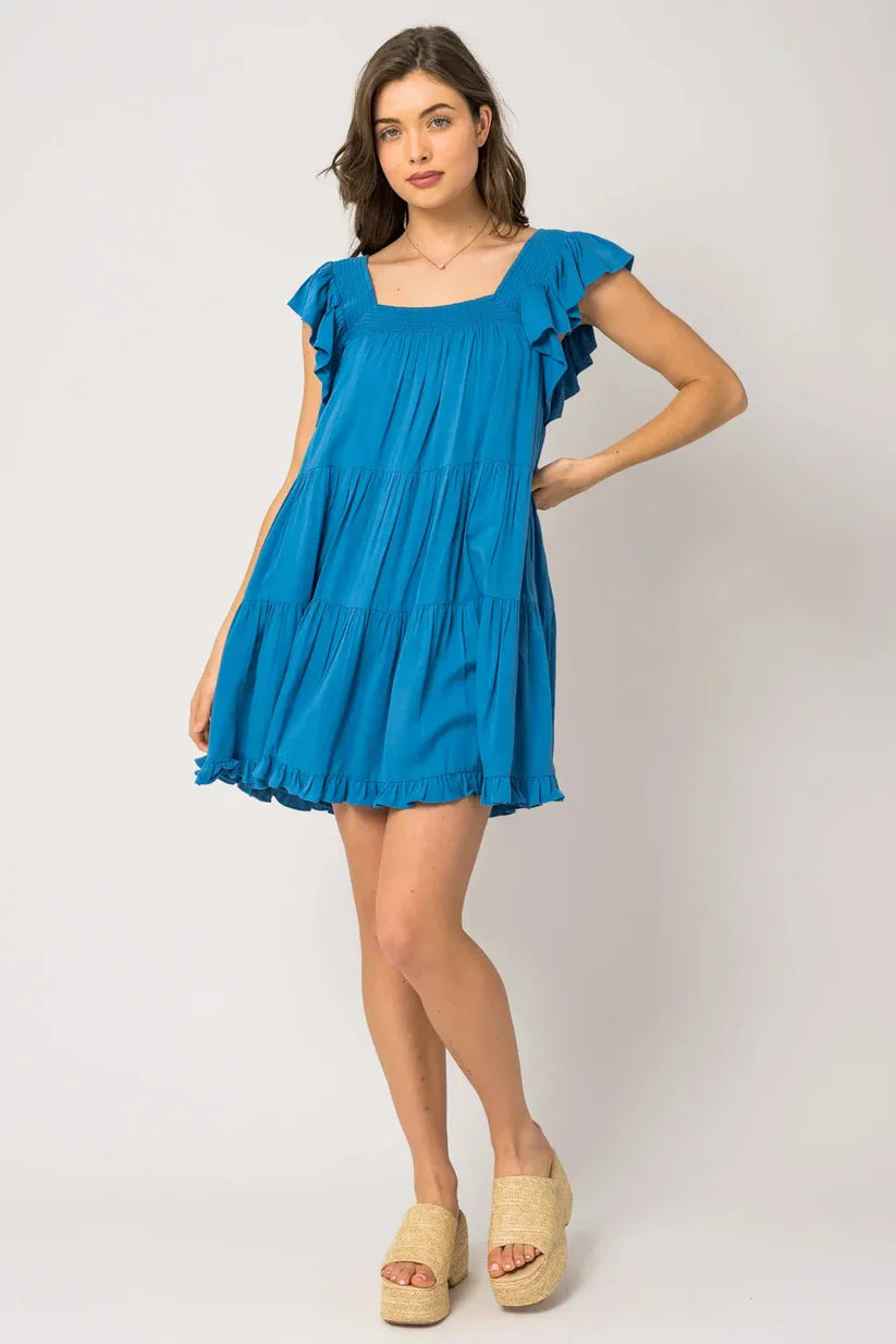 Ruffle Sleeves Square Neckline Tiered Mini Dress - Blue