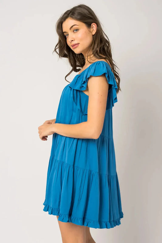 Ruffle Sleeves Square Neckline Tiered Mini Dress - Blue