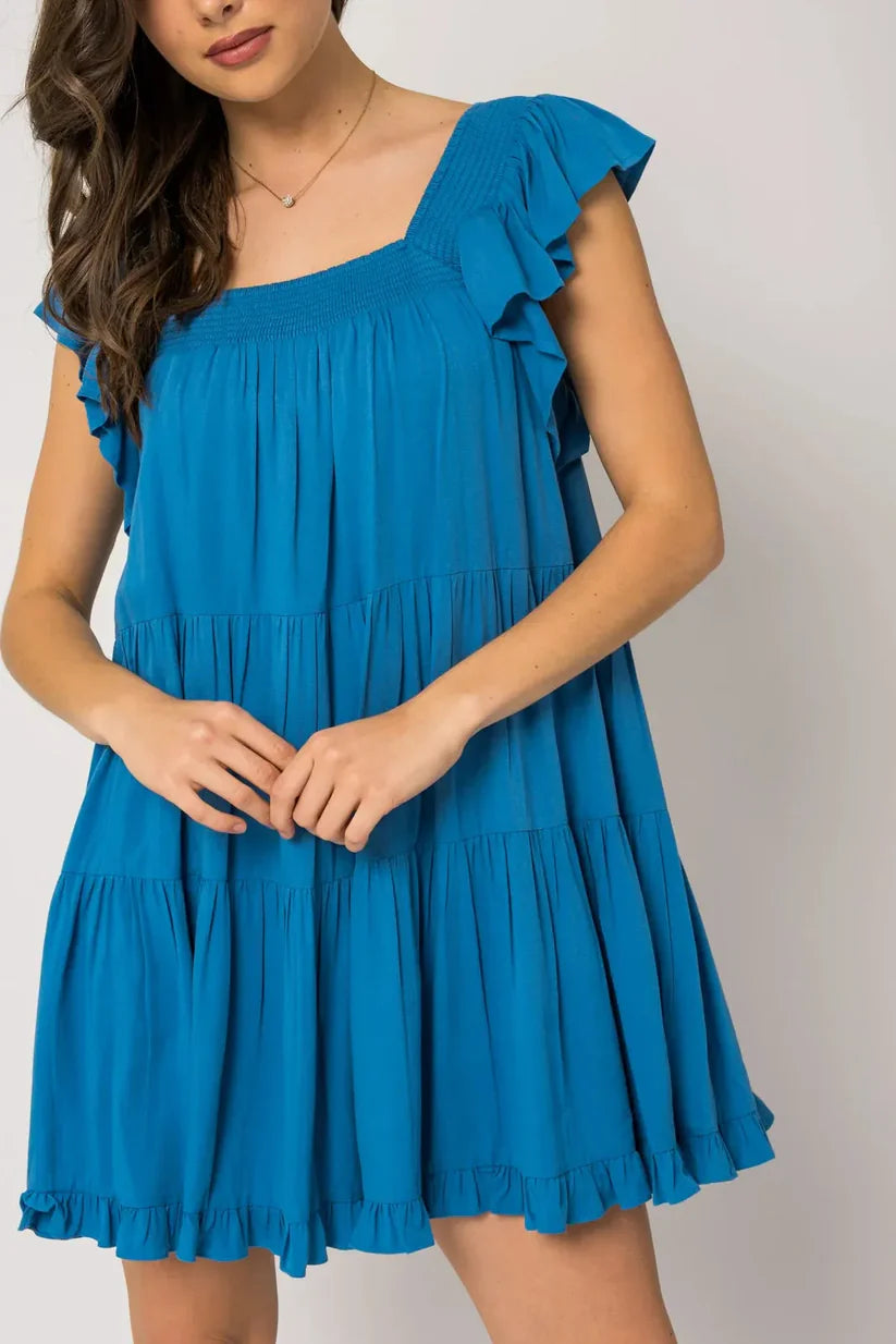 Ruffle Sleeves Square Neckline Tiered Mini Dress - Blue