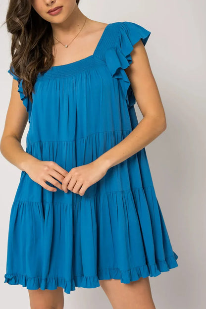 Ruffle Sleeves Square Neckline Tiered Mini Dress - Blue