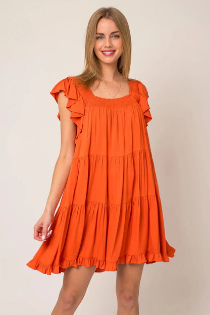 Ruffle Sleeves Square Neckline Tiered Mini Dress