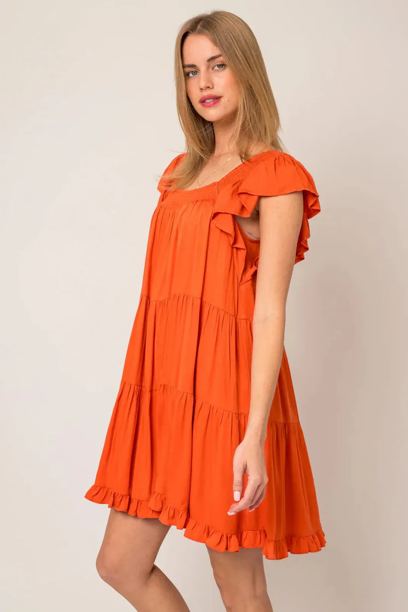 Ruffle Sleeves Square Neckline Tiered Mini Dress