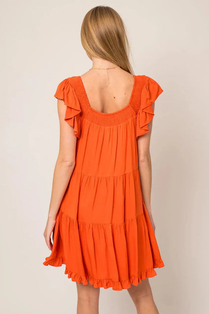 Ruffle Sleeves Square Neckline Tiered Mini Dress