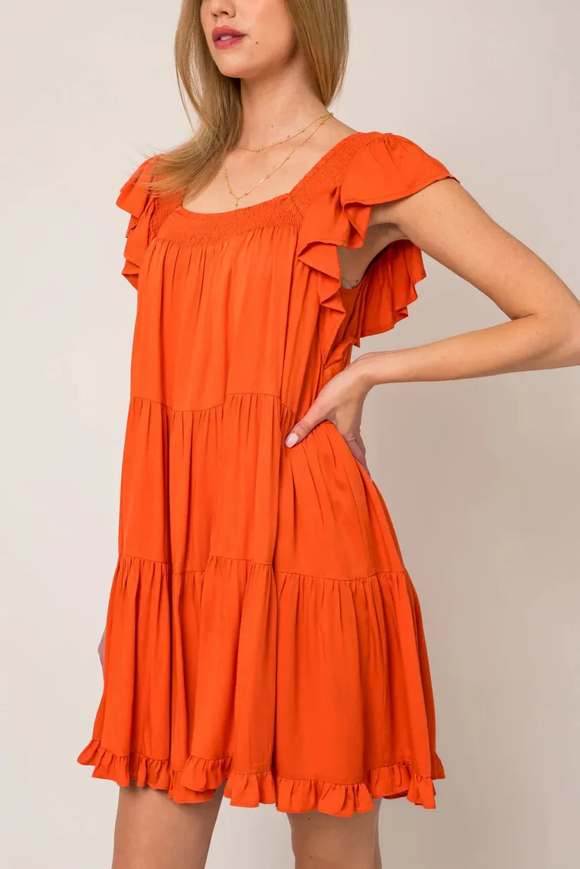 Ruffle Sleeves Square Neckline Tiered Mini Dress