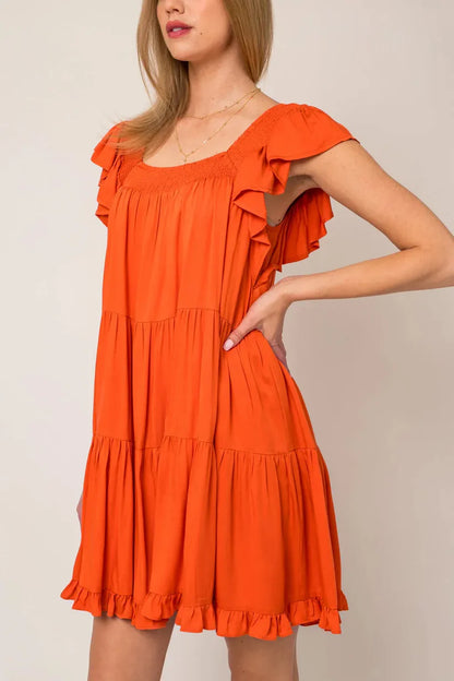 Ruffle Sleeves Square Neckline Tiered Mini Dress