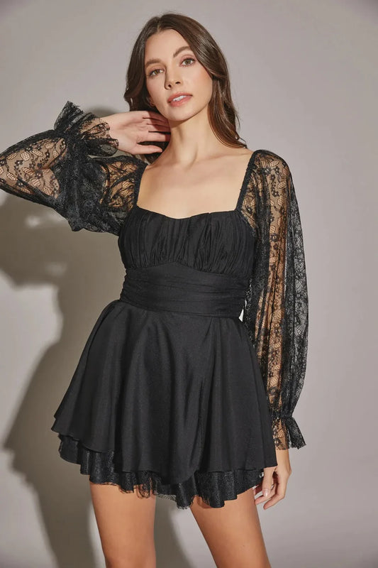Lace Long Sleeve Flare Layered Silhoutte Mini Dress