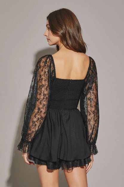 Lace Long Sleeve Flare Layered Silhoutte Mini Dress