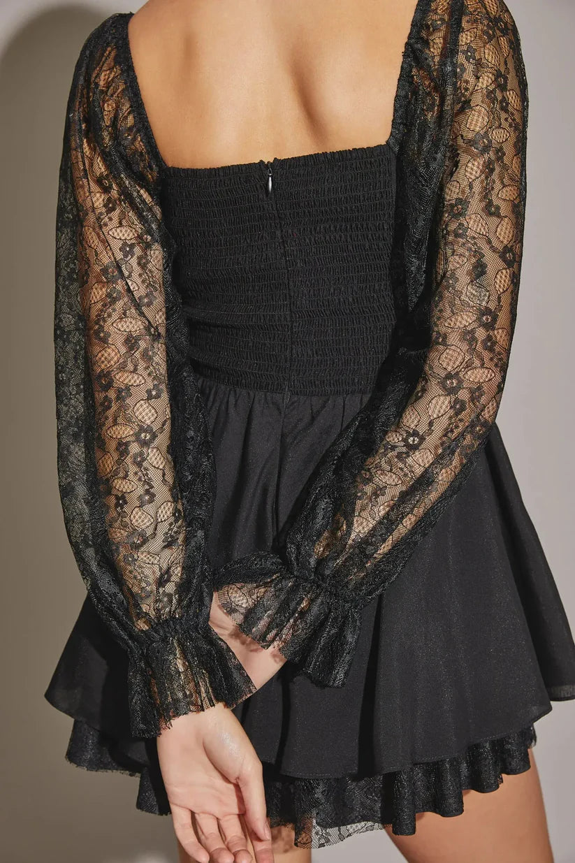 Lace Long Sleeve Flare Layered Silhoutte Mini Dress