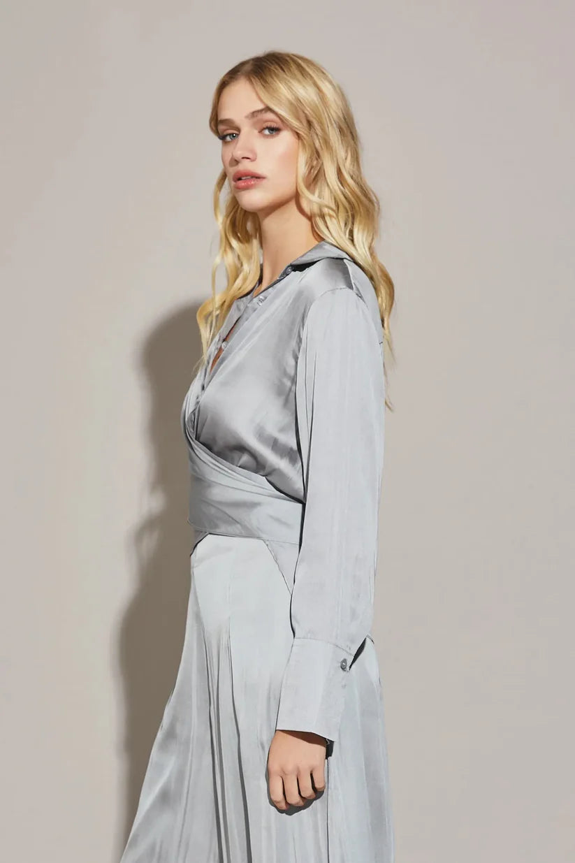 Satin Cross Wrap Tie Back Shirt - Platinum