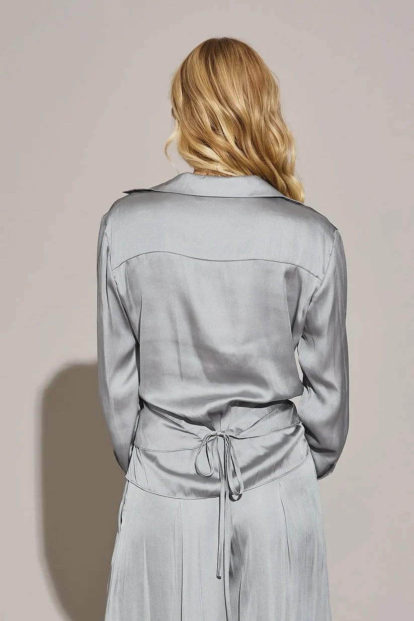 Satin Cross Wrap Tie Back Shirt - Platinum