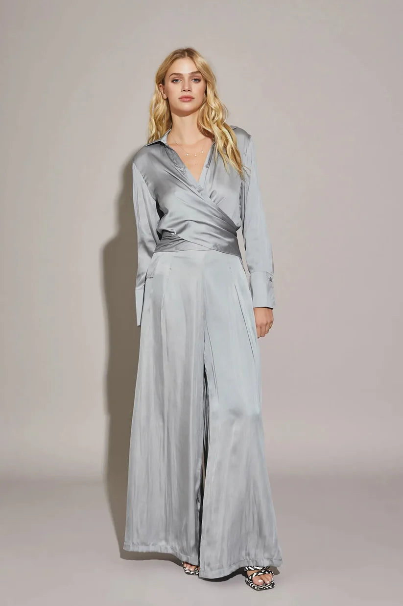 Satin Cross Wrap Tie Back Shirt - Platinum