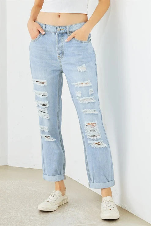 Light Blue Denim Cotton Ripped Jeans