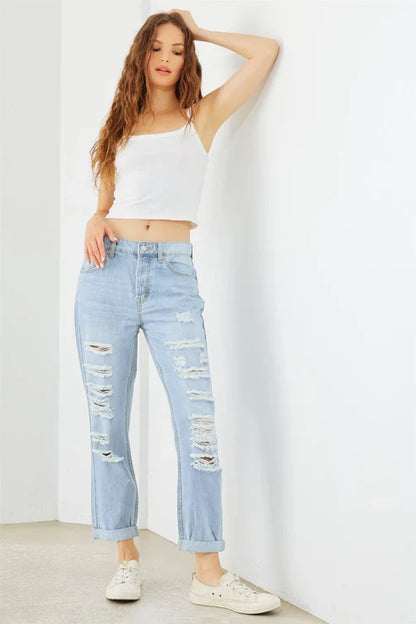 Light Blue Denim Cotton Ripped Jeans