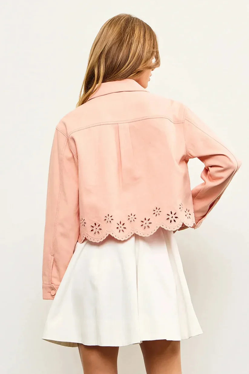 Button Down Embroidered Two Front Pocket Denim Jacket -Apricot Blush