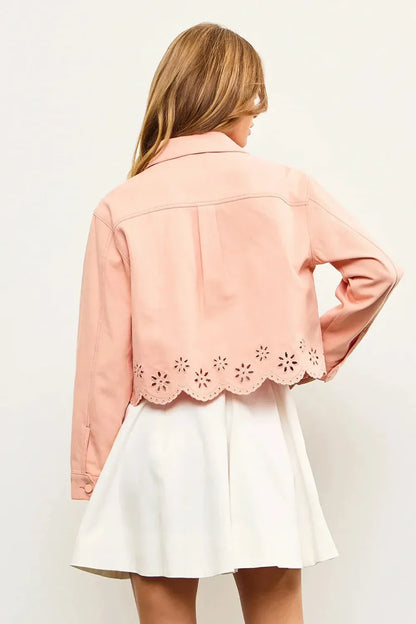 Button Down Embroidered Two Front Pocket Denim Jacket -Apricot Blush