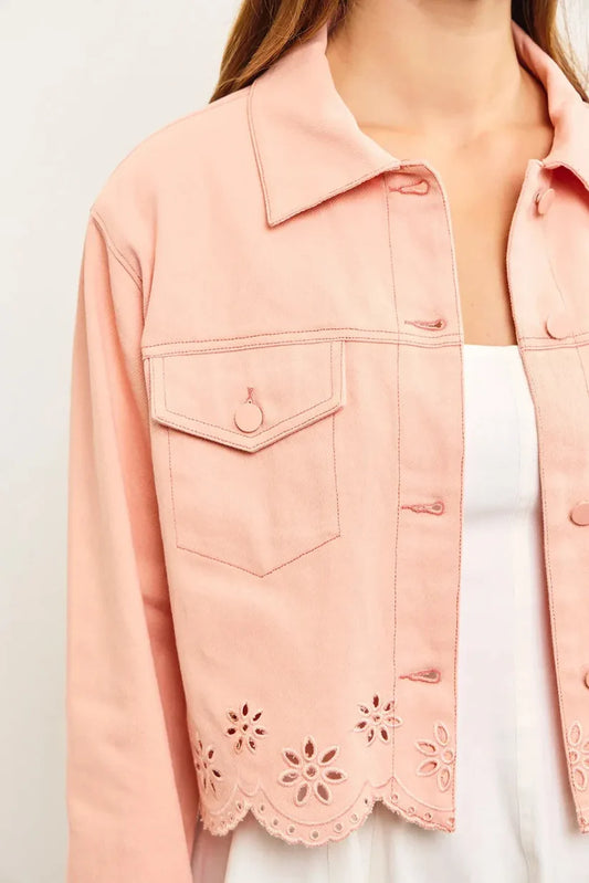 Button Down Embroidered Two Front Pocket Denim Jacket -Apricot Blush