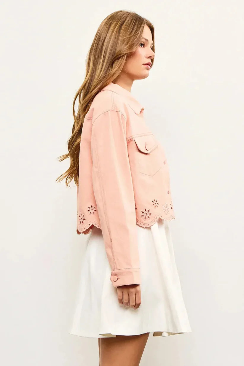 Button Down Embroidered Two Front Pocket Denim Jacket -Apricot Blush