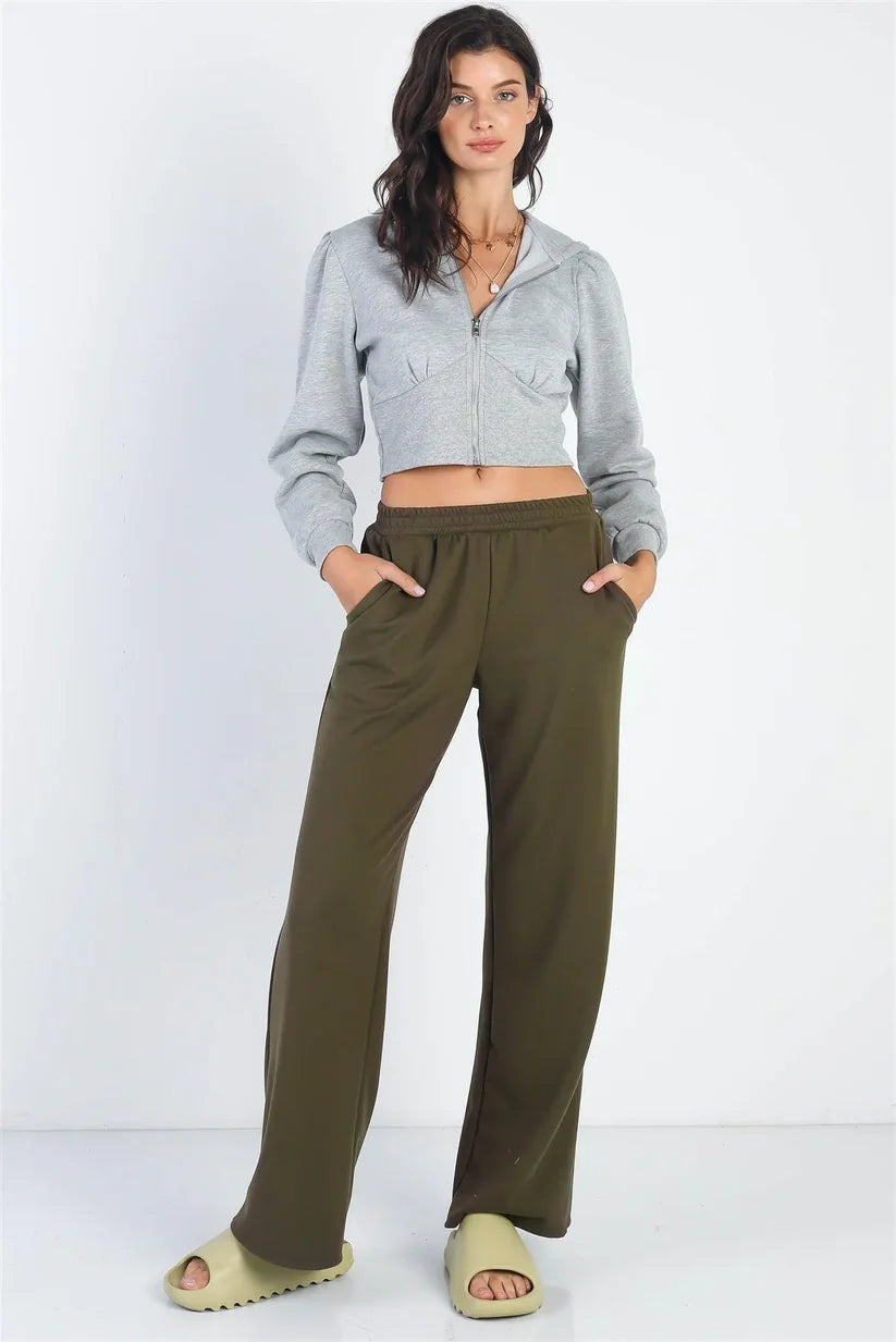 Olive Wide Leg Side Pockets Sweatpants